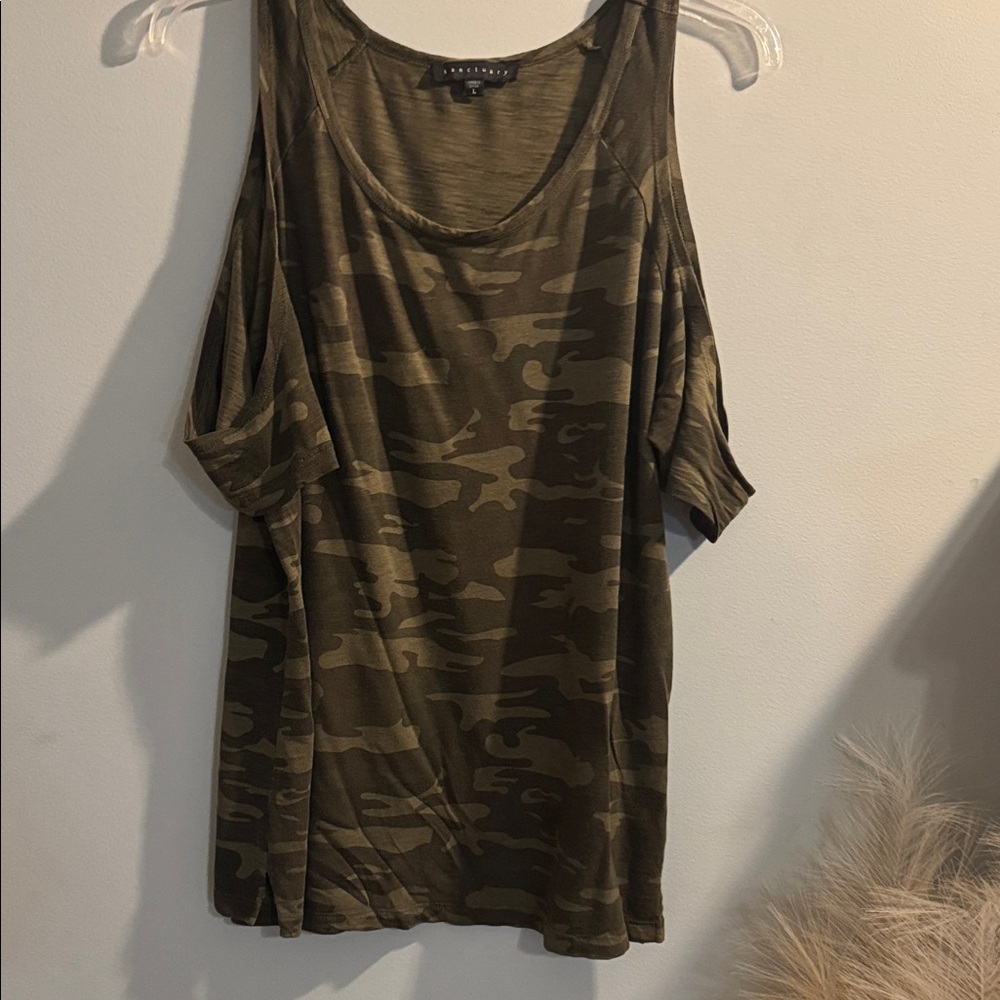 Sanctuary Olive Camo Cold-Shoulder Tank Top
